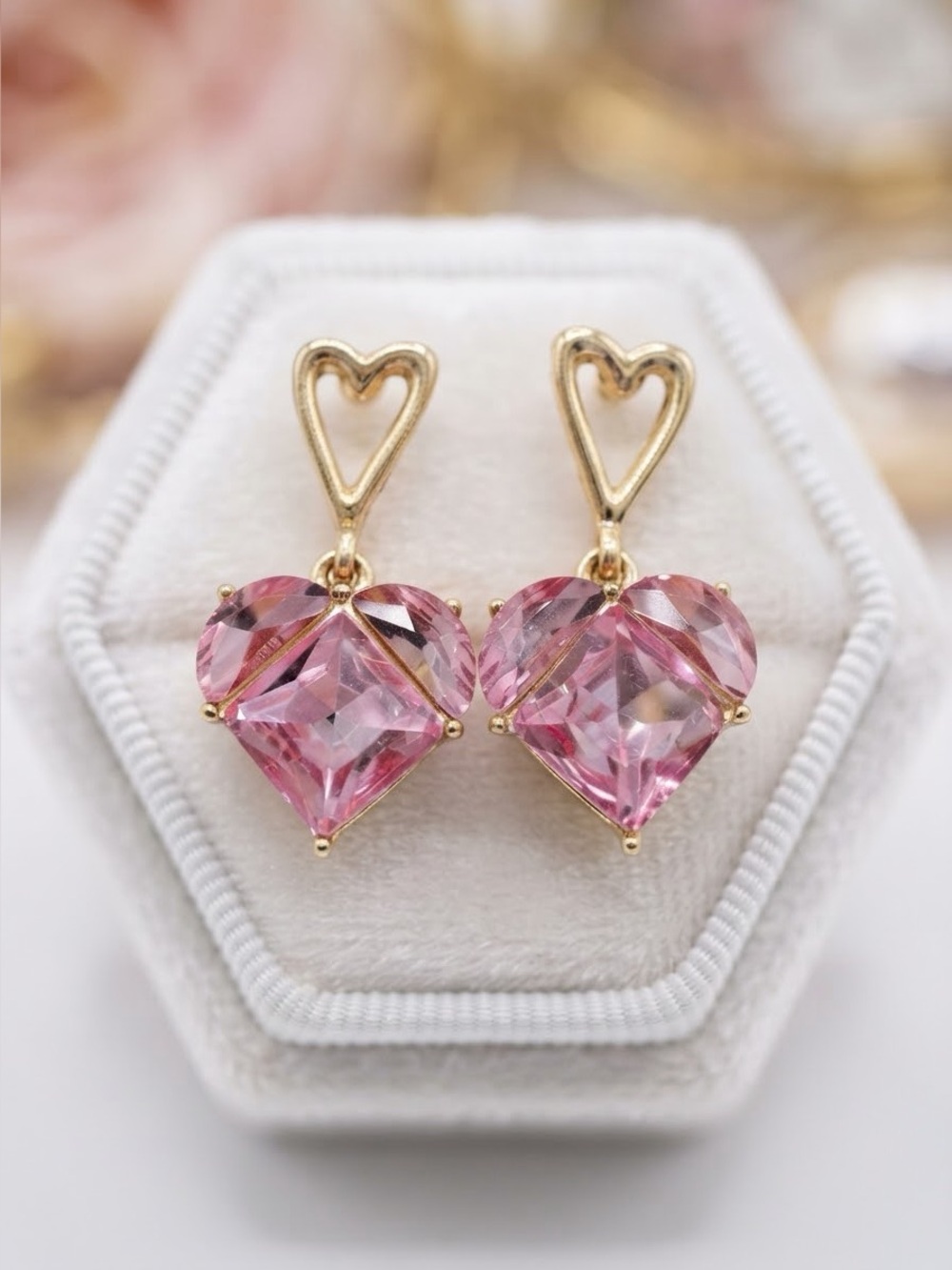 Pink Heart Drop Earrings | Gold Tone CZ Crystal Heart Dangle Earrings